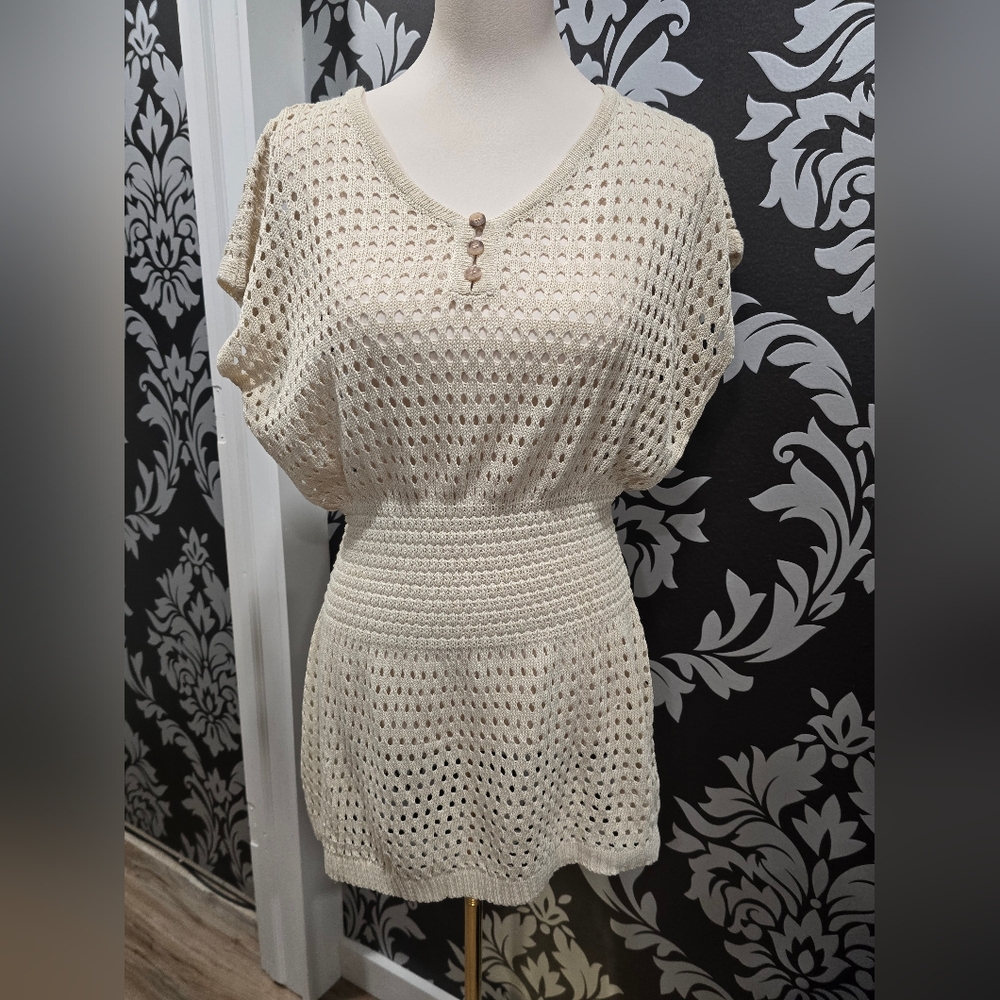 CUPSHE Womens Crochet Swim CoverUp Short Sleeve V Neck Bathing Suit Beach Dress